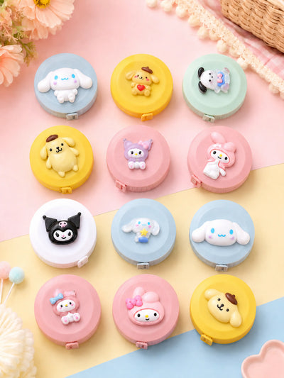 Cartoon measuring tape in 12 cute character variants arranged on a pastel background