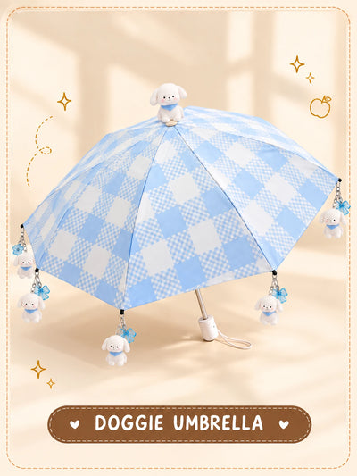 Doggie Umbrella open blue checked canopy with dog on crown and dog charms hanging from rib tips