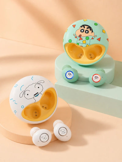 Green and white Shinchan wireless earbuds in premium studio lighting