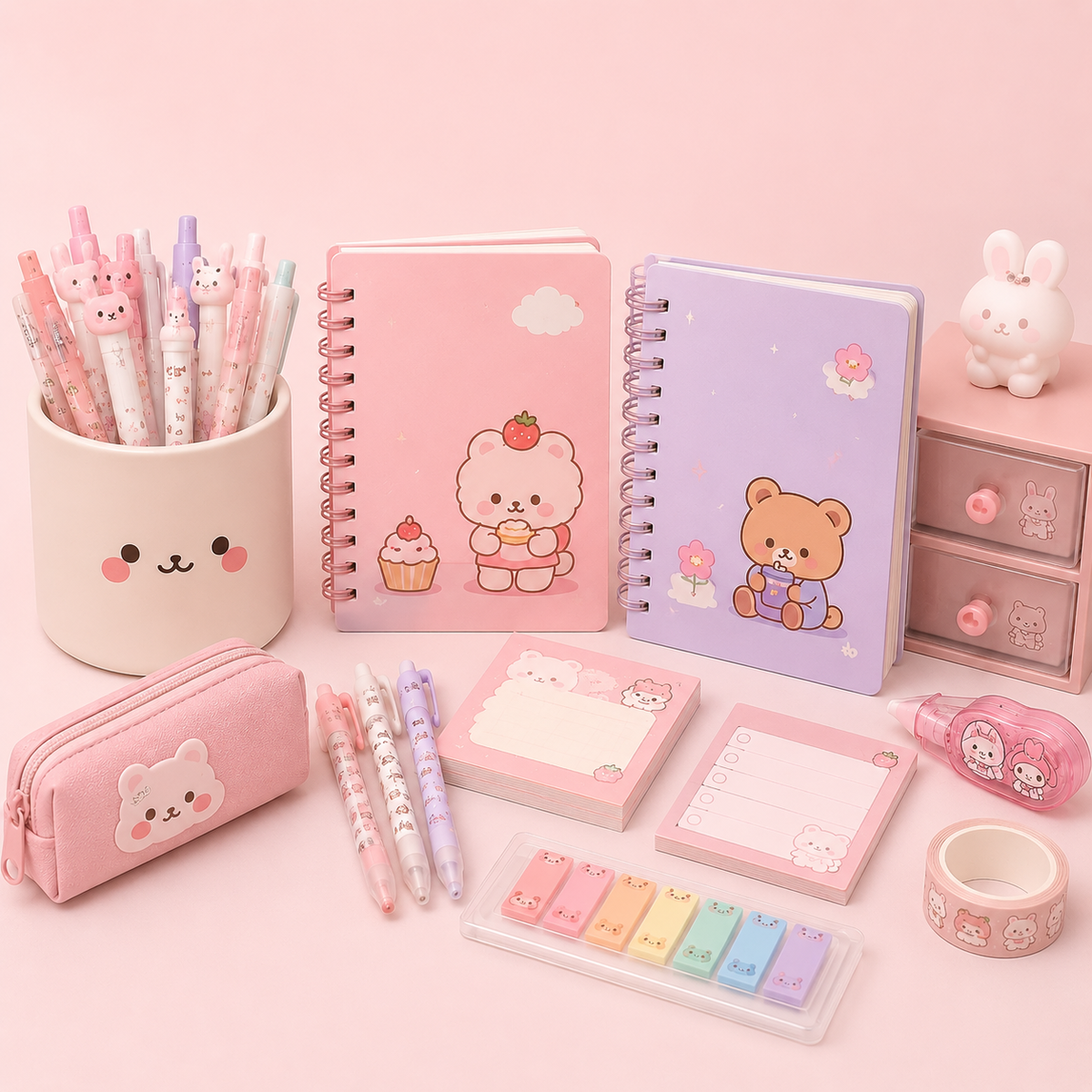 Cute Korean stationery collection featuring pastel notebooks, kawaii pens, sticky notes, desk accessories, and aesthetic study essentials.