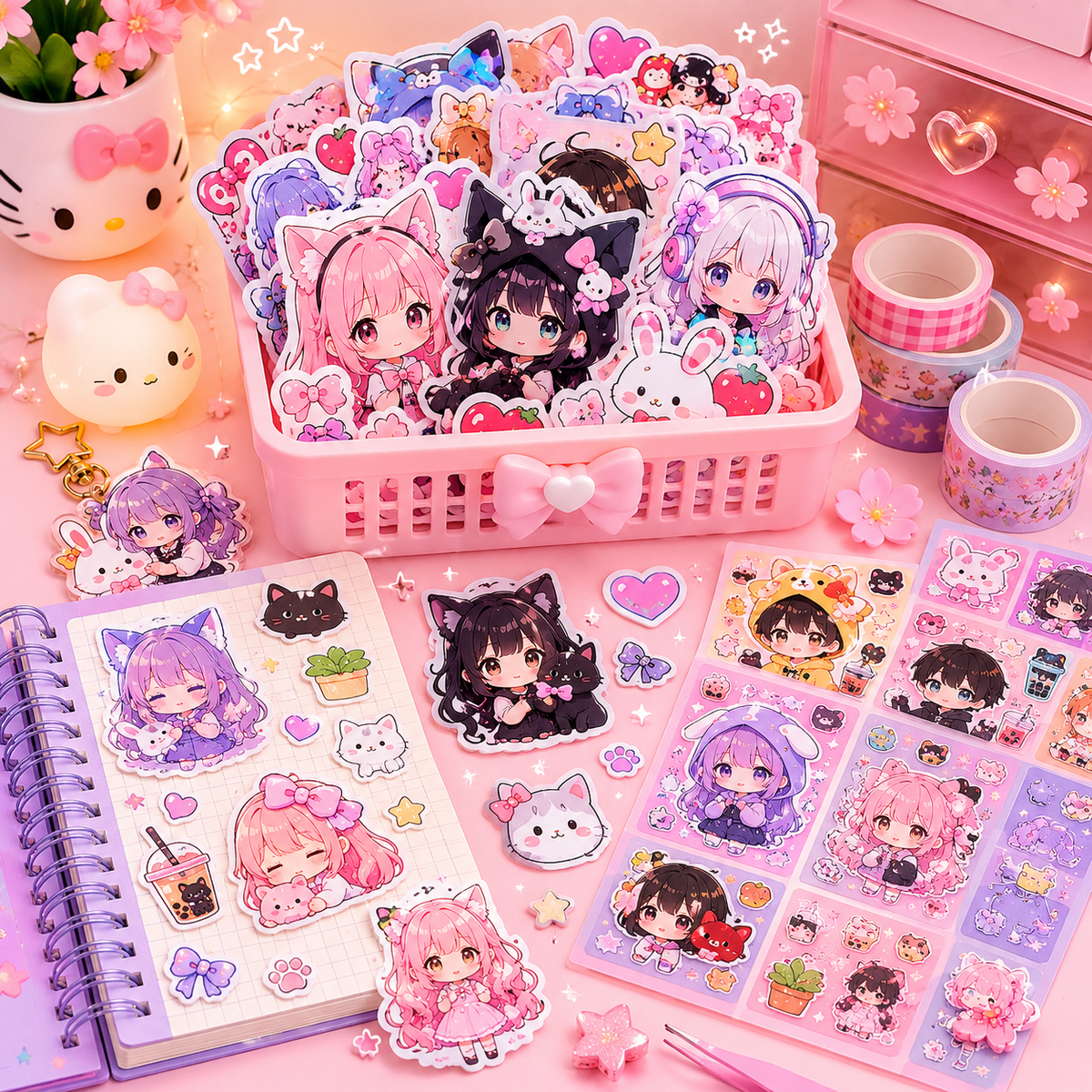 Cute anime sticker collection featuring kawaii character stickers, decorative sticker packs, and colorful DIY stickers for journals and planners.