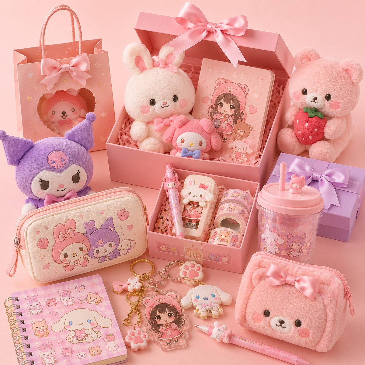 Kawaii gift collection featuring cute stationery, plush accessories, pastel gift items, and adorable presents.