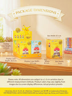 A packaging dimensions diagram showing a Pokémon-themed display case and a matching box with labeled measurements, including display case height 13.5 cm, display case width 18.