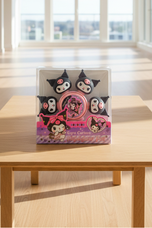 A packaged set of cartoon highlighter pens featuring Kuromi. The set includes four black and white character highlighters with pink bows, a pink circular highlighter, and a pink and purple box labeled 'Gyro Cartoon Highlighter Pen'.
