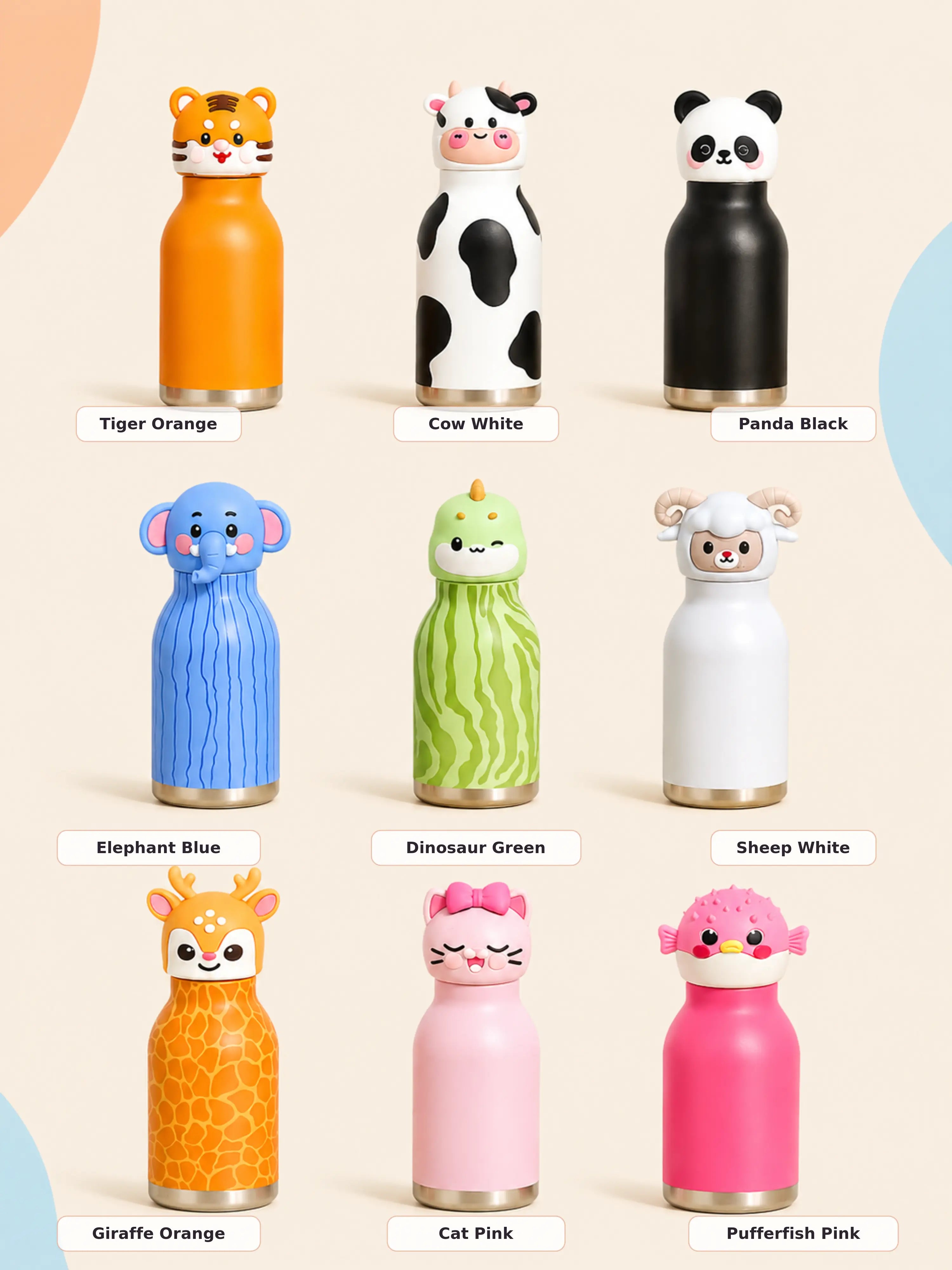 Cartoon animal head bottle guide showing all nine named colour variants
