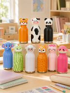 Nine colourful cartoon animal head bottles arranged on a bright study desk