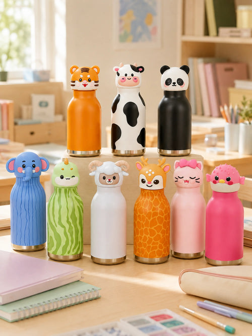 Nine colourful cartoon animal head bottles arranged on a bright study desk