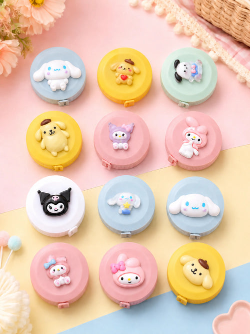 Cartoon measuring tape in 12 cute character variants arranged on a pastel background