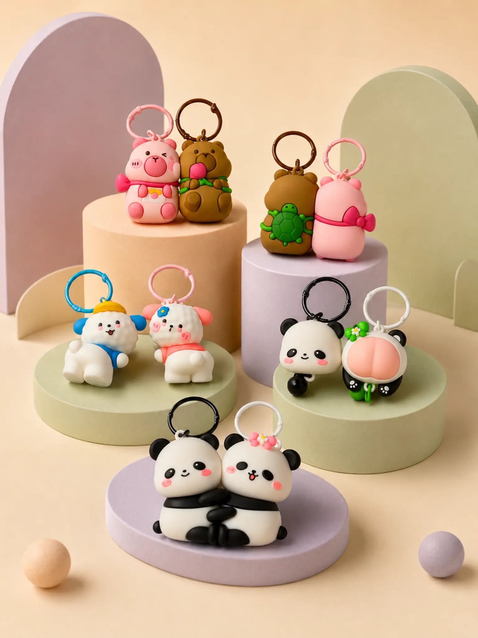 Five matching couple magnet keychain pairs in premium studio lighting