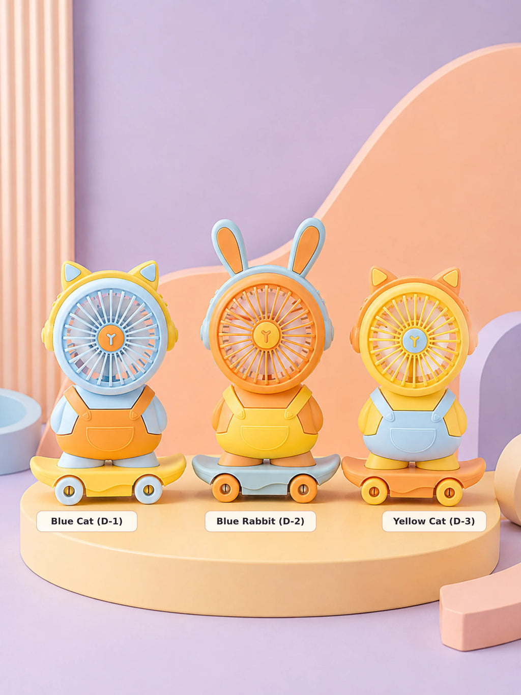 Cute cartoon fan guide showing Blue Cat, Blue Rabbit and Yellow Cat variants