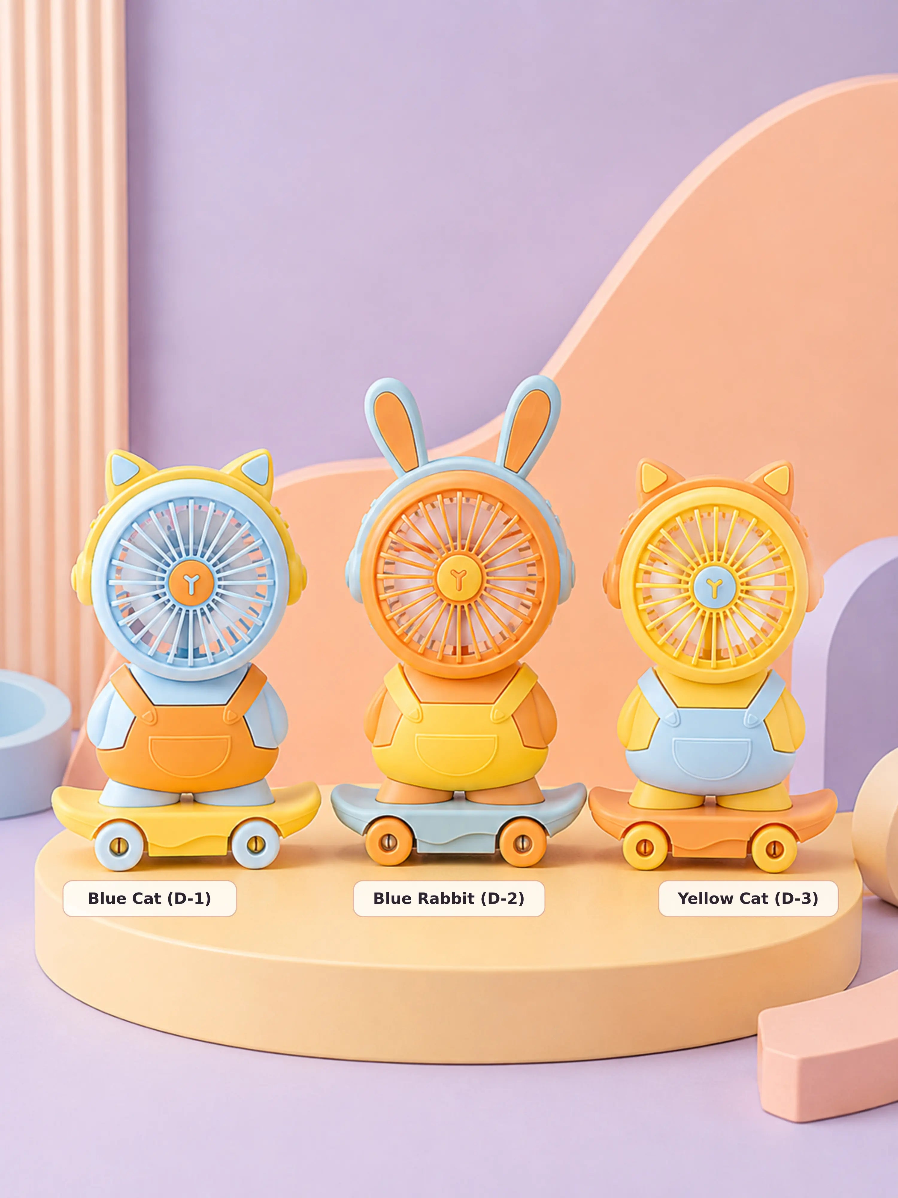 Cute cartoon fan guide showing Blue Cat, Blue Rabbit and Yellow Cat variants