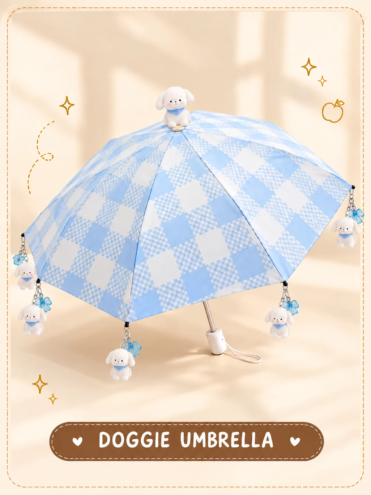 Doggie Umbrella open blue checked canopy with dog on crown and dog charms hanging from rib tips