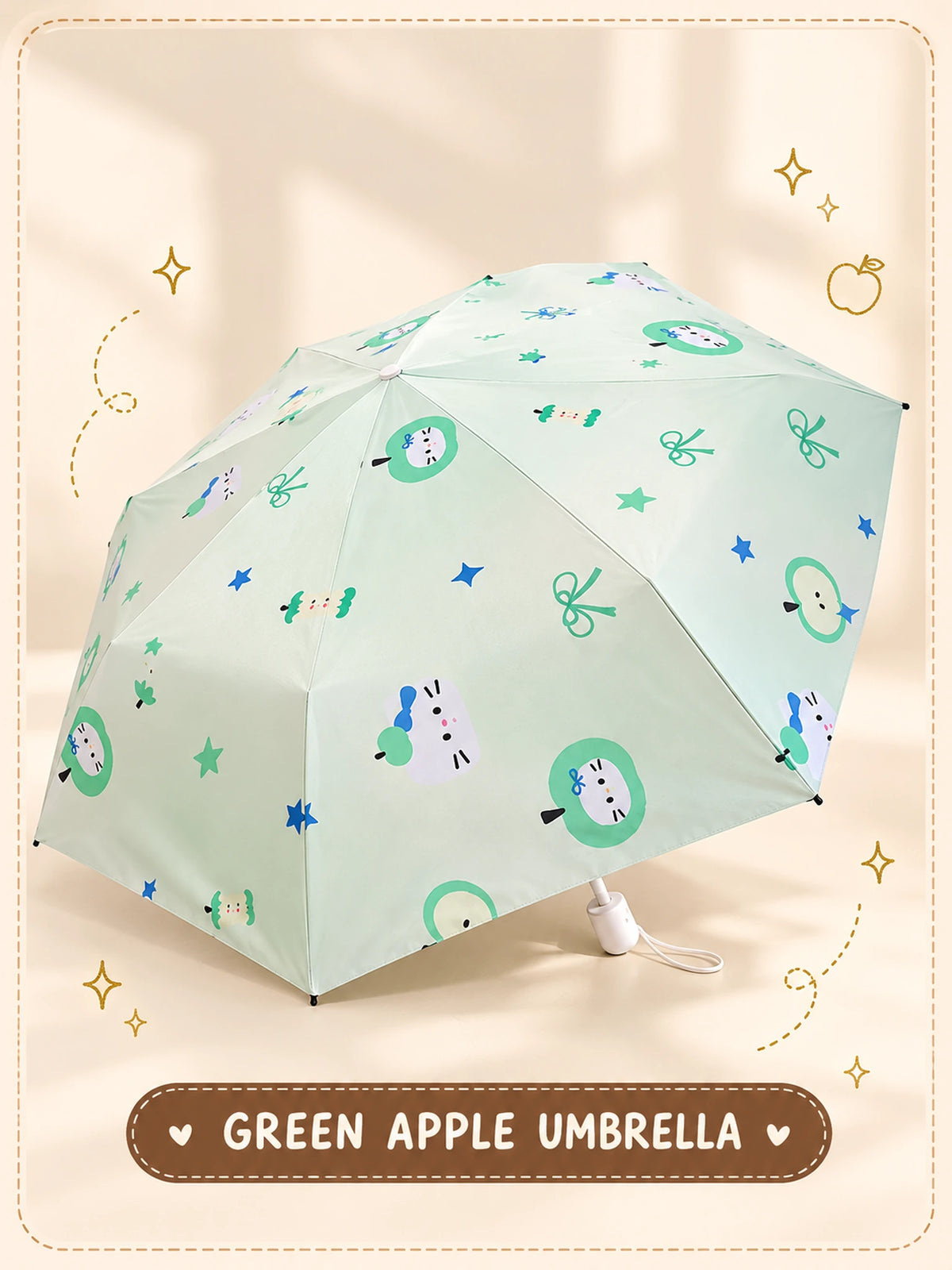 Green Apple Umbrella open canopy with mint apple and cat print