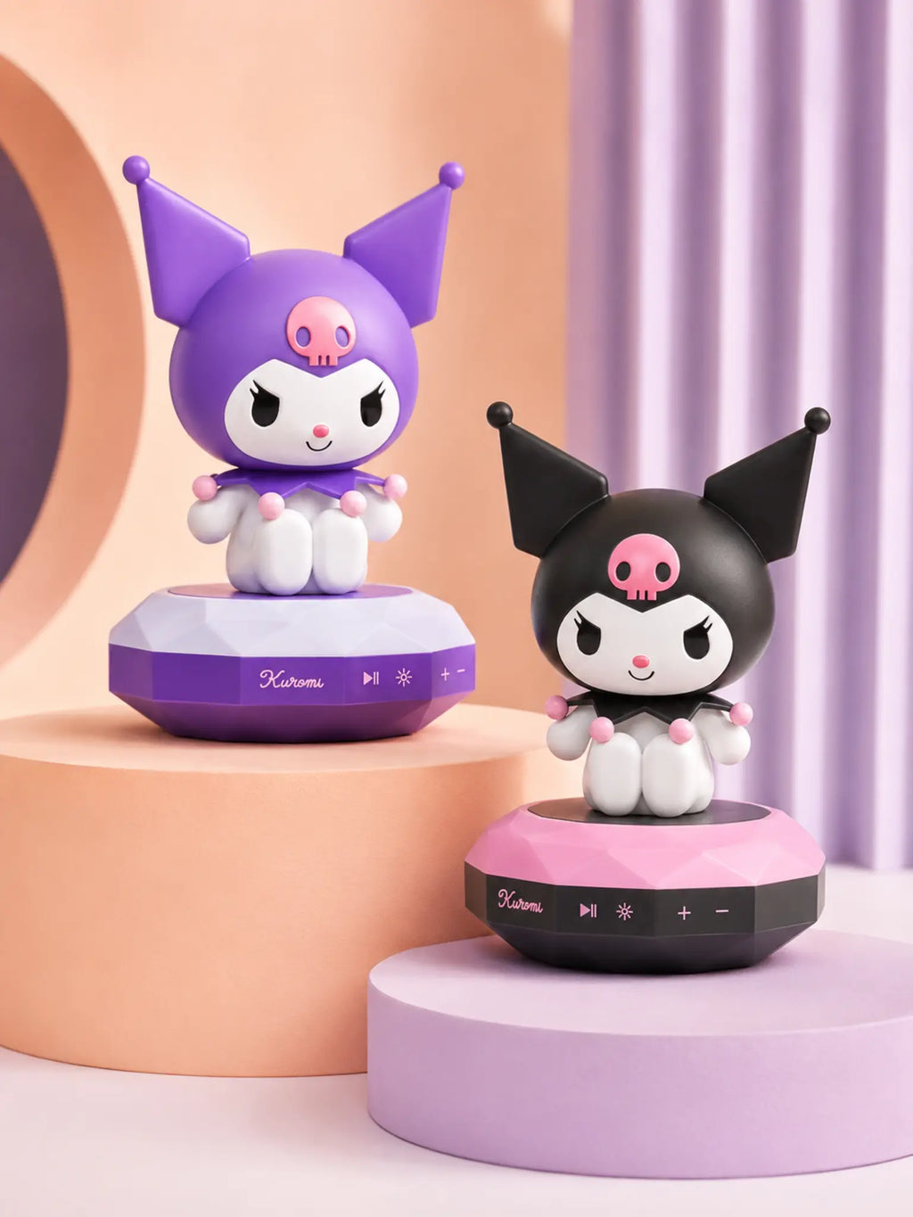 Purple and black Kuromi speakers in premium studio lighting