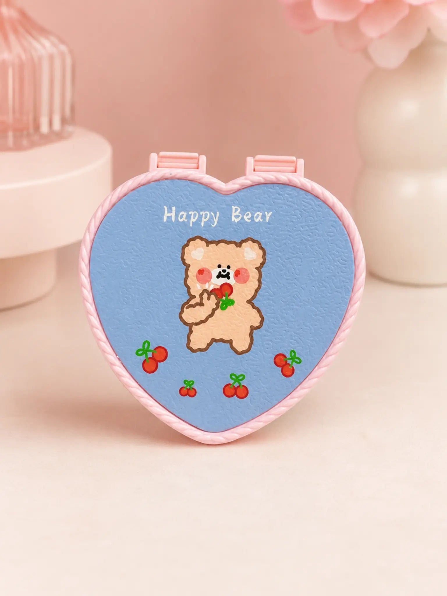 Mirror Pink Bear Heart with Happy Bear text