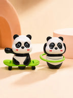 Panda toys with green skateboard and hula hoop