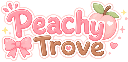 Peachy Trove logo featuring kawaii pastel typography, peach icon, pink bow, and cute aesthetic design