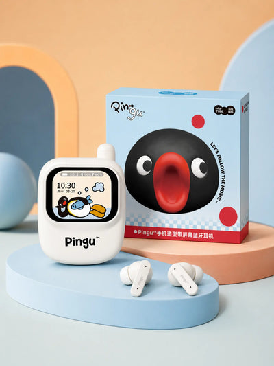 Pingu wireless earbuds and charging case in premium studio lighting