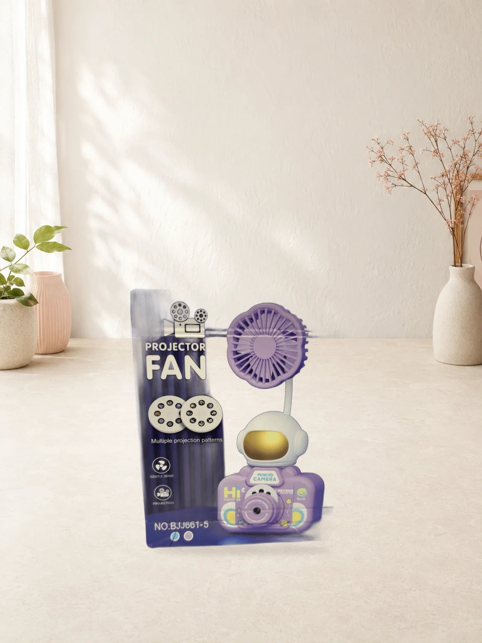 Projector Fan Purple standing realistically on a tabletop with its packaging