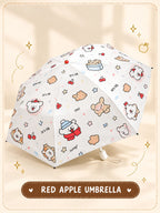 Red Apple Umbrella open ivory canopy with cartoon animal and cherry print