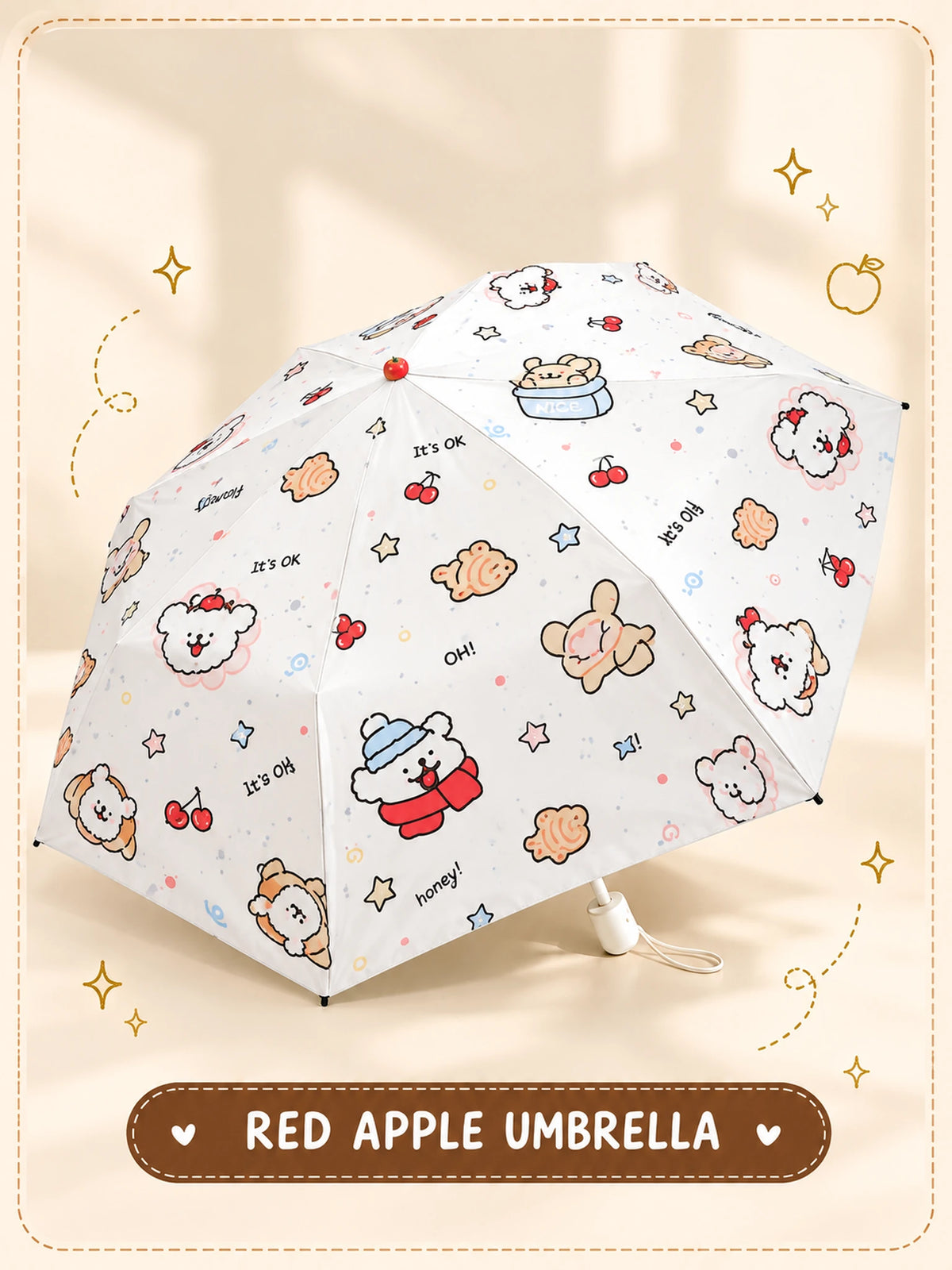 Red Apple Umbrella open ivory canopy with cartoon animal and cherry print