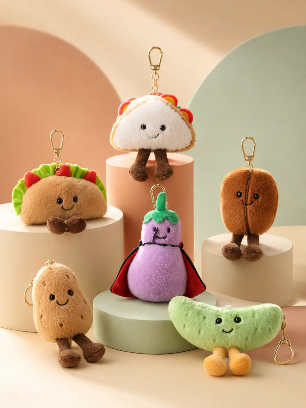 Six plush food keychains in premium studio lighting