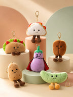 Six plush food keychains in premium studio lighting