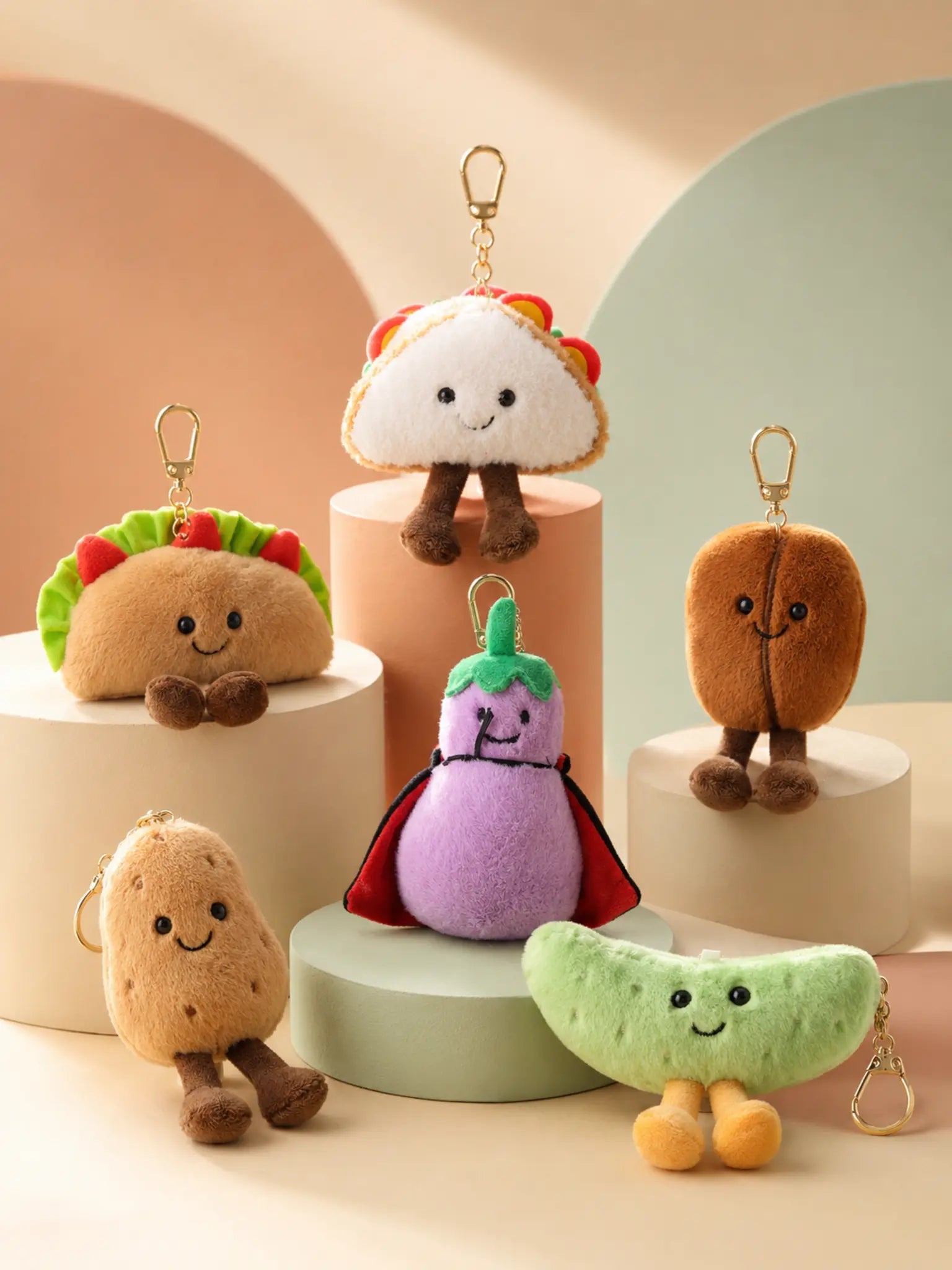 Six plush food keychains in premium studio lighting