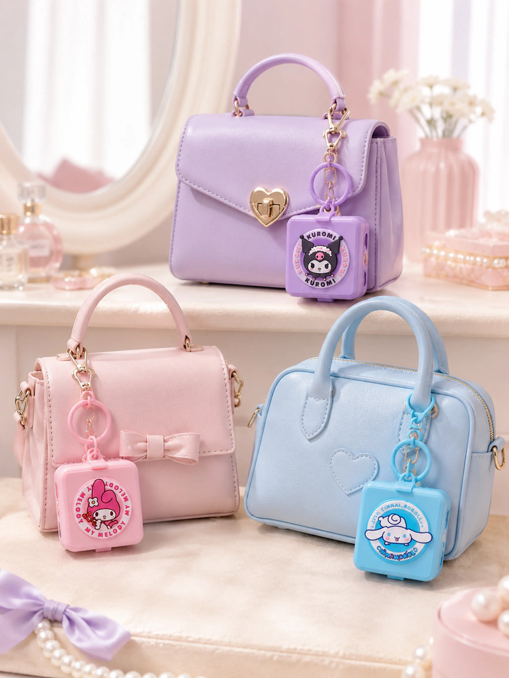 Three Sanrio character charms attached to pastel mini handbags