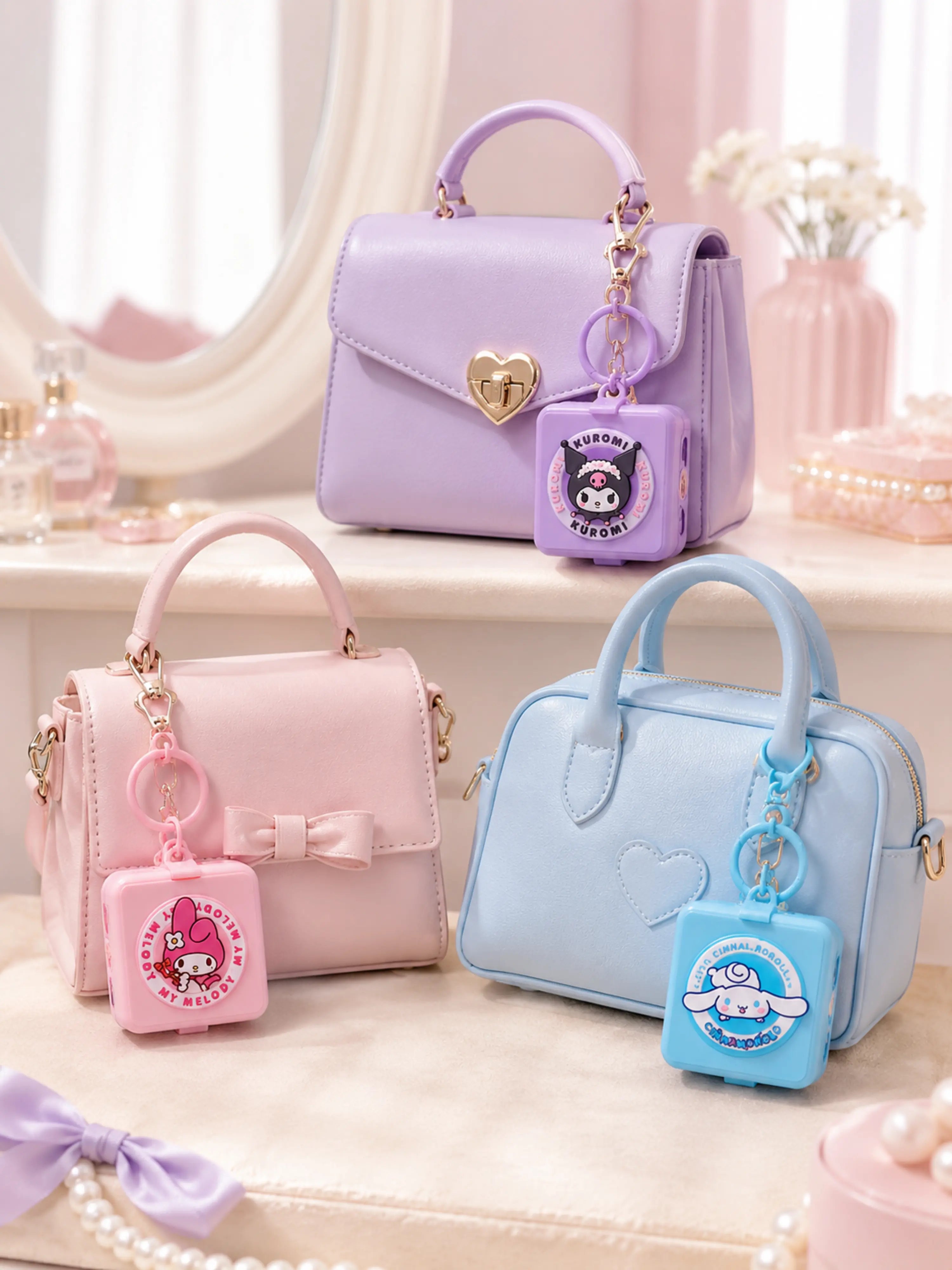 Three Sanrio character charms attached to pastel mini handbags