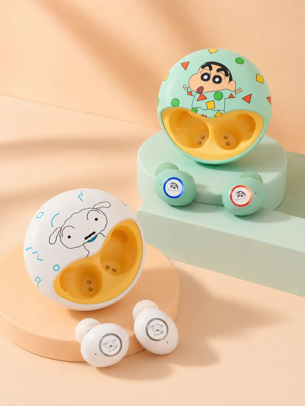 Green and white Shinchan wireless earbuds in premium studio lighting
